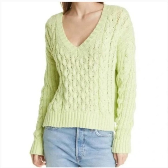 Line the Label Leah V-Neck Cable Knit Sweater Citron Lime Green - Picture 1 of 7